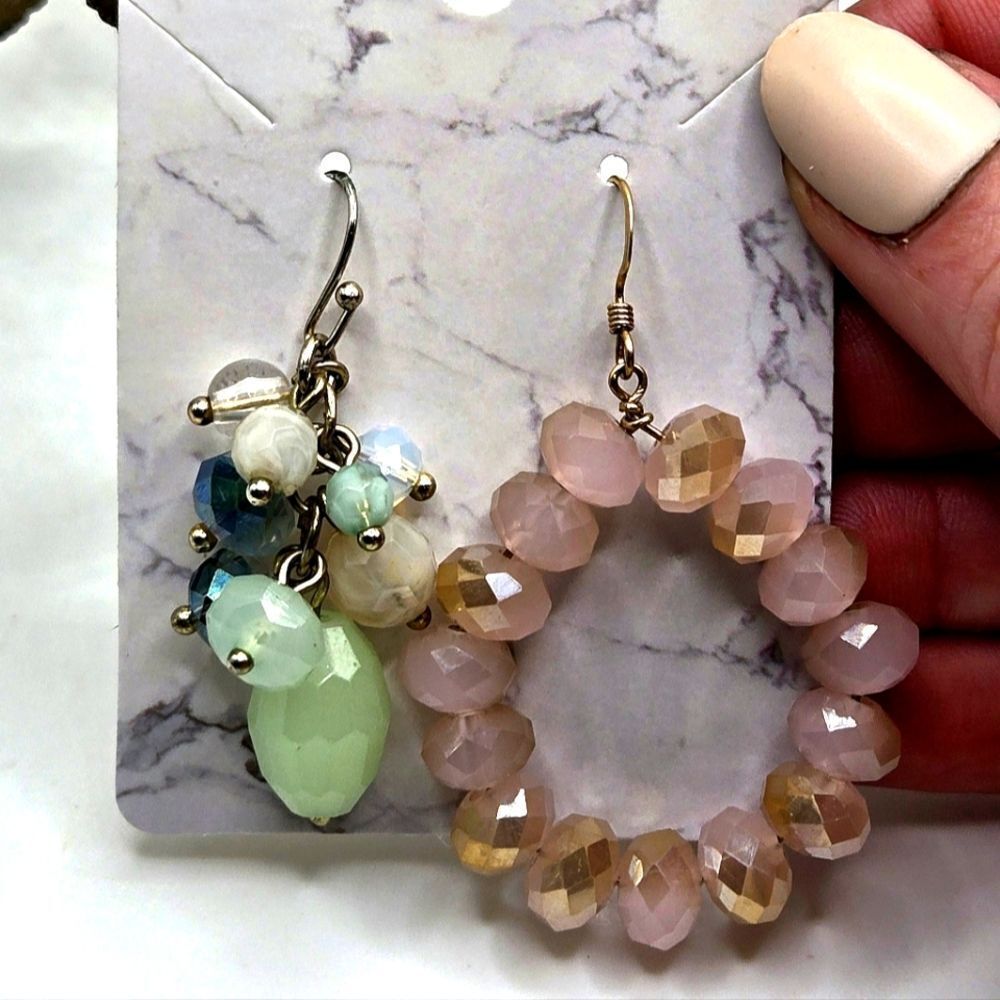 "5/$40" Mismatched Crystal Quartz Bead Pink & Green Dangle Earrings